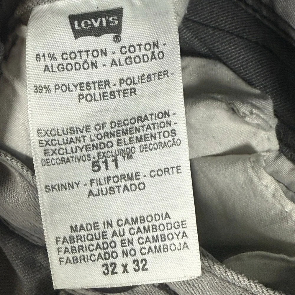 Levi's 511 Jeans Men 32x32 Gray Zipper Back Pocket Utility Skinny Fit Streetwear